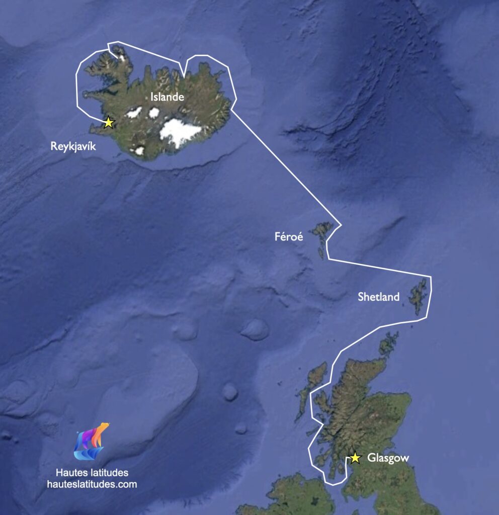Carte de l'itinéraire : Écosse, îles Féroé et Islande